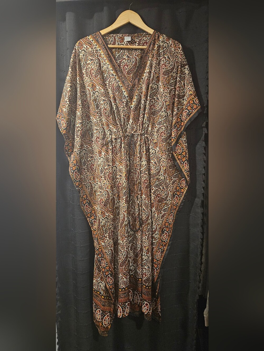 Boho Paisley Print Maxi Kaftan Dress V-Neck Drawstring One Size Viscose India - Picture 2 of 6